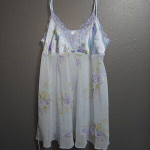 Secret Treasure Womens Light Blue Floral Sheer Silk Vintage Slip Size Large
